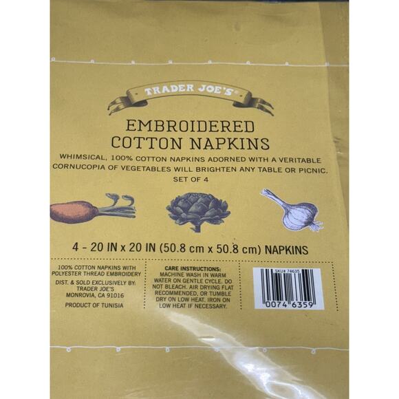 Set of 4 Trader Joe’s Embroidered Cotton Napkins Vegetable Design,20” x 20”, NIP - Picture 8 of 8
